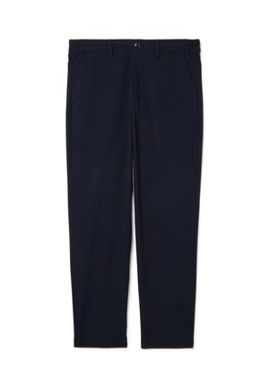 Pantaloni blu navy realizzati in tessuto elasticizzato, con design affusolato, vita elasticizzata, tasche anteriori e chiusura con un singolo bottone.