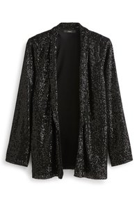 Blazer negro de lentejuelas, diseño de frente abierto, mangas largas, cubierto de lentejuelas reflectantes que crean una superficie texturizada, forro interior suave.