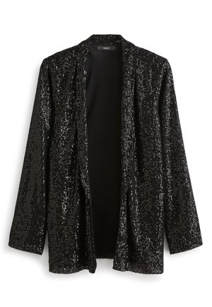 Blazer noir à sequins, design à ouverture frontale, manches longues, recouvert de sequins réfléchissants qui créent une surface texturée, doublure intérieure lisse.