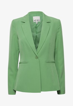 Zaļš pielāgots bleizeris ar strukturētu dizainu, plakanām atloks, vienu pogu aizdari un divām priekšējām kabatām. Gluda auduma tekstūra.