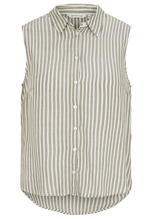 Beżowa i biała bezrękawnikowa bluzka na guziki w pionowe paski z kołnierzykiem, nieco dłuższy tył.