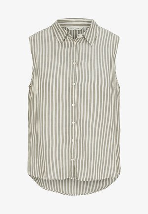 Blusa sin mangas beige y blanca con rayas verticales, abotonada y con cuello, dobladillo trasero ligeramente más largo.