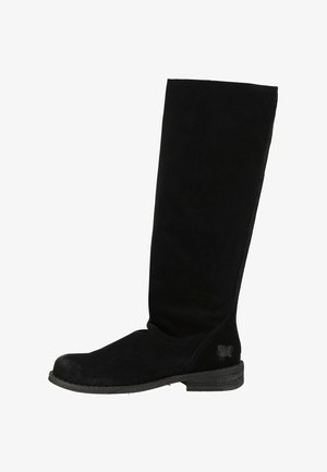 Zwarte platte laars tot over de knie met een afgeronde neus en een lage gestapelde hak, met een subtiel vlinderlogo vlakbij de hiel.
