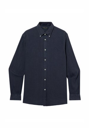 Marineblaues, langärmliges Hemd mit Knopfleiste, spitzem Kragen und weißen Knöpfen, vor weißem Hintergrund dargestellt.