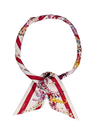 Silk scarf with red and white stripes, decorated with colorful floral and butterfly patterns, tied in a loose knot.