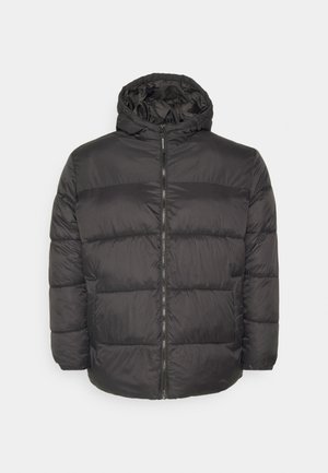 Giacca puffer nera con cerniera frontale, cappuccio e design trapuntato. Realizzata in materiale liscio e resistente all'acqua con polsi elasticizzati.