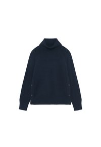 Maglione a dolcevita blu navale con colletto e polsini a costine. Bottoni laterali per un tocco di stile. Texture a maglia morbida e vestibilità comoda.