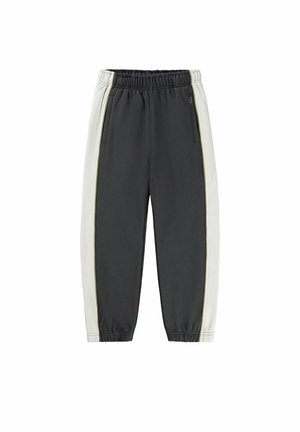 Pantalon de jogging noir avec taille et poignets élastiques, avec larges bandes blanches sur les côtés et poches avant.