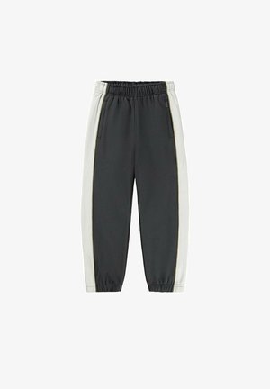 Zwarte joggingbroeken met elastische taille en boorden, met brede witte zijstrepen en voorzakken.