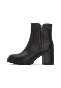 Bota de cuero negra hasta el tobillo con un tacón robusto, cremallera lateral, textura suave y suela resistente. Presenta una puntera redonda y un diseño minimalista.