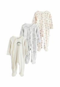 Tre baby sovedragter: en stribet beige med et dinosaurprint, en grå med dinosaurgrafik, og en cremefarvet med dyremønstre.