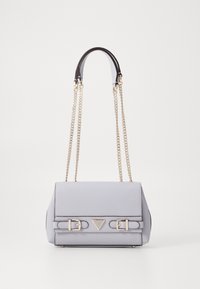 Light gray leather handbag with a structured shape, gold chain straps, and buckle accents. Features a triangular logo on the front.