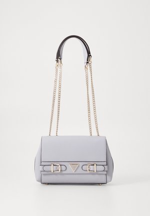 Light gray leather handbag with a structured shape, gold chain straps, and buckle accents. Features a triangular logo on the front.