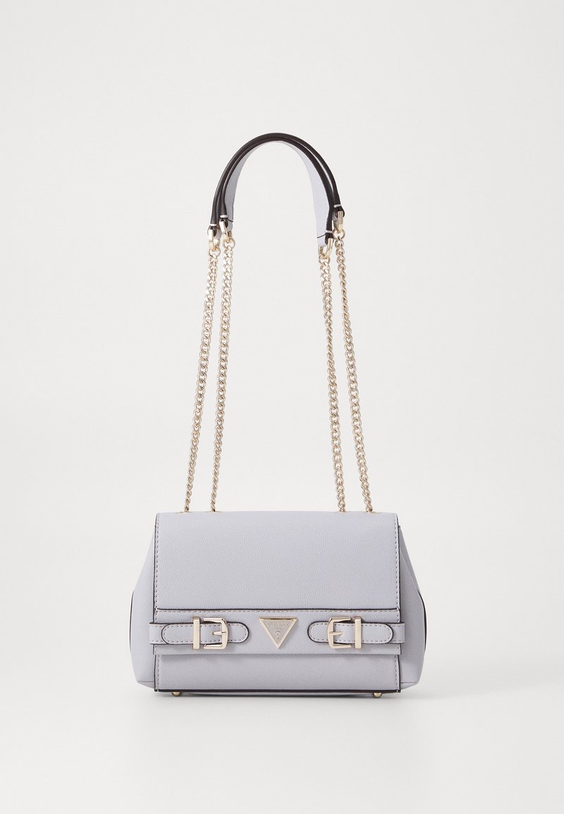 Light gray leather handbag with a structured shape, gold chain straps, and buckle accents. Features a triangular logo on the front.