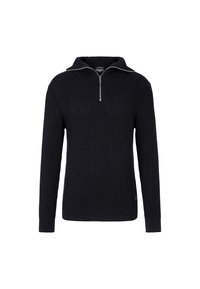 Maglione lavorato a maglia blu scuro con colletto a zip, texture a coste, maniche lunghe e scollatura a V. Presenta una zip a contrasto.