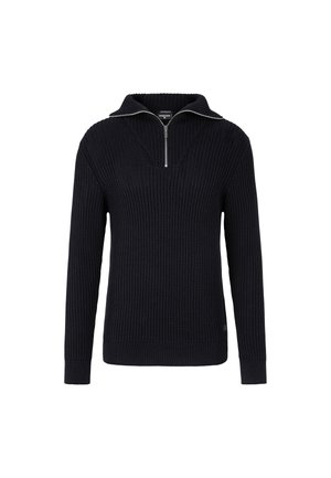 Dunkelblau gestrickter Pullover mit Reißverschlusskragen, gerippter Textur, langen Ärmeln und V-förmigem Ausschnitt. Mit kontrastierendem Reißverschluss.