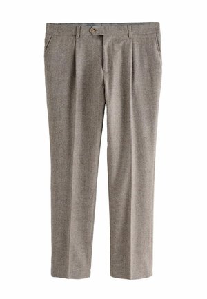 Pilkos langeliu kelnės su tiesiu džinsų kirpimu, turinčios priekinę raukininę, vieną sagą ir kišenes. Textūruotas audinys.