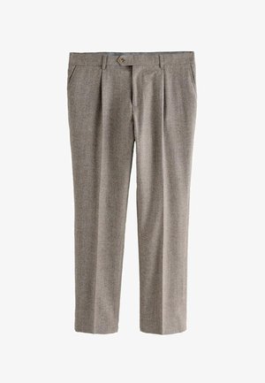 Hallid hallid ruudulised püksid sirge jala disainiga, ees volditud, ühe nööbi kinnitusega ja taskutega. Tekstuuritud kangas.