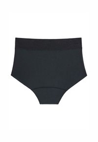 Mutande nere a vita alta realizzate in tessuto morbido con un cinturino in pizzo testurizzato. Presentano una forma classica a slip con rifinitura elastica.