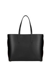 Černá kožená taška přes rameno s dvěma dlouhými uchy, strukturovaným tvarem a hladkým povrchem; obsahuje jemné boční akcenty v kontrastní barvě.