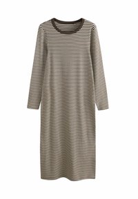 Raidallinen pitkähihaisen beige- ja ruskeasävyinen mekko, jossa on pyöreä pääntie ja väljä istuvuus, valmistettu kevyestä ja pehmeästä kankaasta.