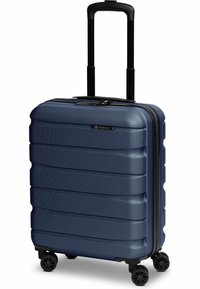 Valise cabine rigide bleue avec quatre roues pivotantes et une poignée télescopique étendue.