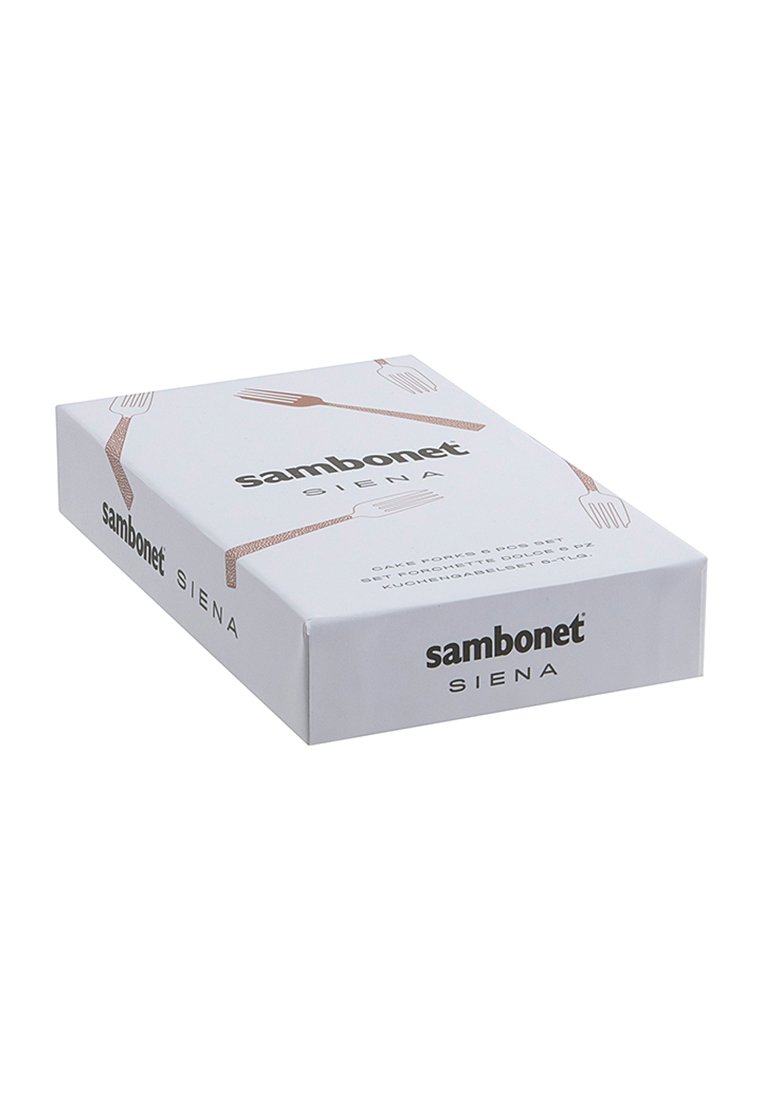 Weißes Box-Design für das Sambonet Siena Tortenbesteckset mit einfachen Gabelmustern und braunen Akzenten. Markenlogo auf der Vorderseite gedruckt.