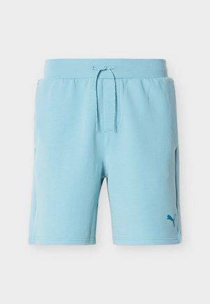 Pantalones cortos deportivos azul claro con cinturilla ajustable y pequeño logo de Puma en la pierna izquierda sobre fondo blanco.