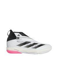Weißer Sportschuh mit schlankem Design, ausgestattet mit schwarzen diagonalen Streifen, einem Reißverschluss und einer pinkfarbenen Sohle. Hergestellt aus atmungsaktivem Material.