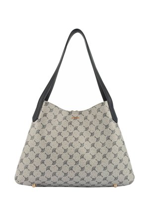 Beige-schwarze Schultertasche mit Muster, langen schwarzen Griffen, goldenem Markenlogo und kleinen goldenen Füßen am Boden.