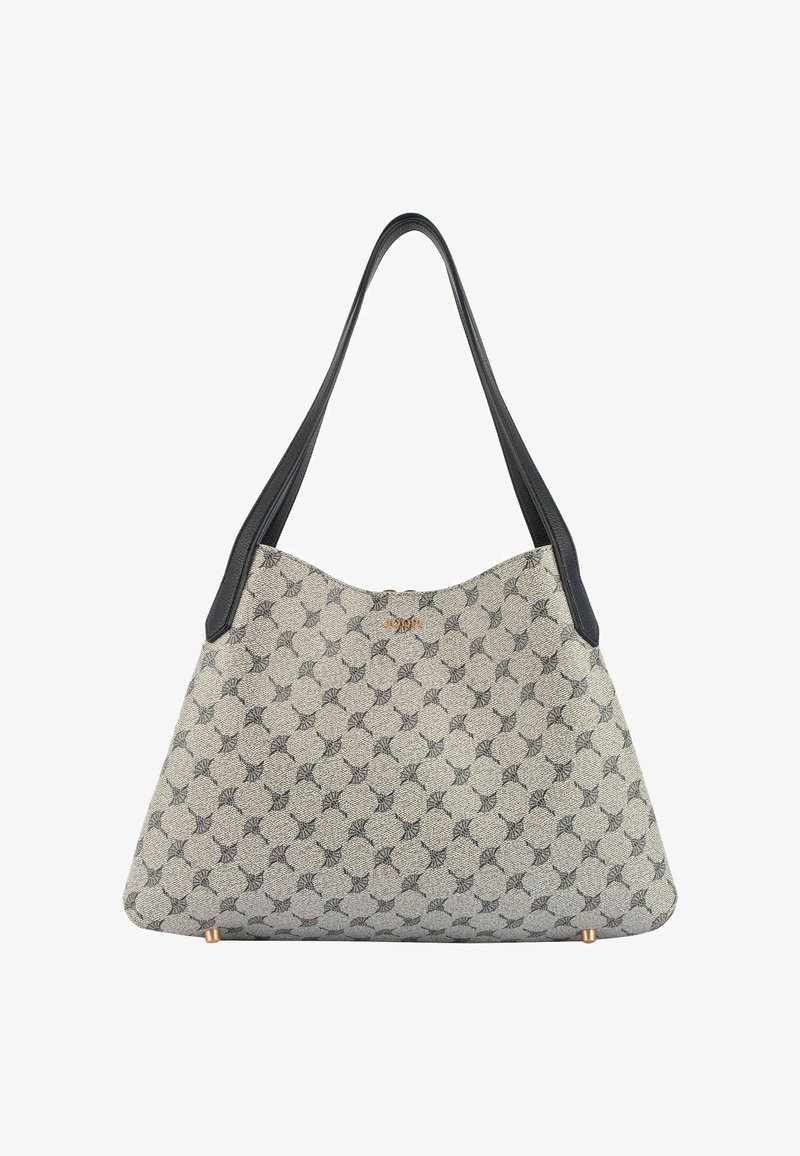 Beige og sort mønstret skuldertaske med lange sorte håndtag, guld brandlogo og små guld fødder i bunden.