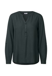 Blouse à manches longues vert foncé en tissu lisse, avec un décolleté en V, une patte de boutonnage et des poignet boutonnés. Texture douce, coupe décontractée.