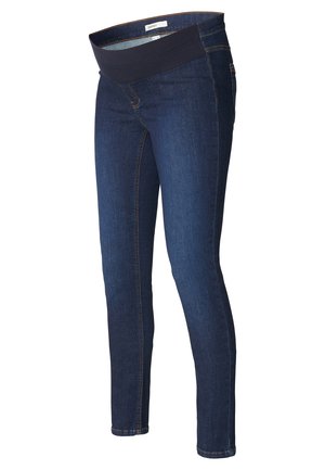 Dunkelblaue Umstandsjeans mit elastischem schwarzem Bund und schlanken Beinen, entworfen für Komfort und Unterstützung.