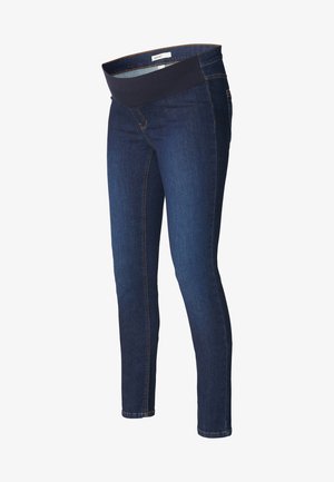 Dark blue maternity jeans with a stretchy black waistband and slim fit legs, designed for comfort and support.