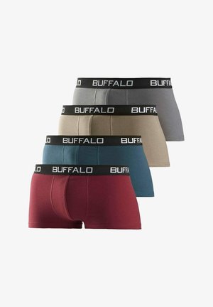 Set of four boxer briefs in maroon, teal, beige, and gray. Cotton material with a black "BUFFALO" waistband. Soft, fitted design.
