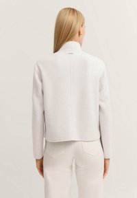 Hellgraue Wollmischungjacke mit hohem Kragen, taillierter Passform und minimalen Nähten. Verfügt über ein kleines Logo am Hals und lange Ärmel.