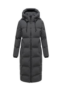 Grey padded long coat with a hood, zip front, and drawstrings. Features long sleeves and side pockets with a quilted texture.