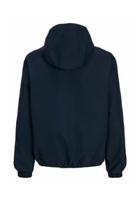 Mørk marineblå let hættejakke med elastiske ærmekanter og linning, vist bagfra på hvid baggrund.