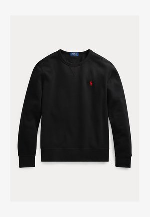Sudadera negra con cuello redondo y mangas largas, logo rojo de Polo Ralph Lauren en el pecho izquierdo y etiqueta azul de la marca dentro del cuello.