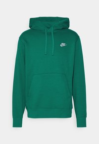 Zelená mikina s kapucí vyrobená z měkké tkaniny, s přední kapsou a bílým logem Nike na hrudi. Standardní střih s žebrovanými manžetami.