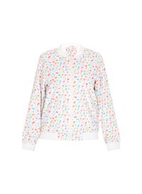 Giacca bomber floreale con base bianca, caratterizzata da un motivo colorato di foglie in rosa, arancione, blu e verde. Collo e polsini a coste bianchi.
