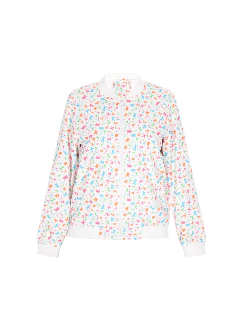 Florale bomberjack met een witte basis, voorzien van een kleurrijk patroon van bladeren in roze, oranje, blauw en groen. Ribgebreide witte kraag en manchetten.
