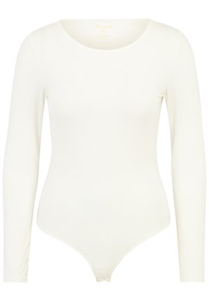 Body a maniche lunghe di colore bianco realizzato in tessuto elasticizzato. Presenta un collo rotondo e uno scollo a culotte per una vestibilità senza cuciture.