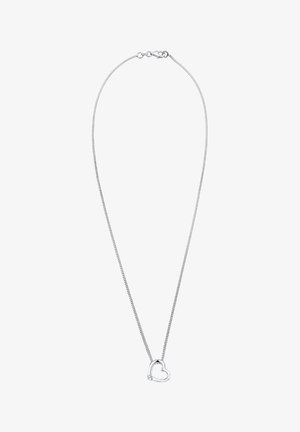 Collier en chaîne en argent avec un pendentif en forme de cœur minimaliste, orné d'une petite pierre d'accent, conçu avec une texture lisse et polie.