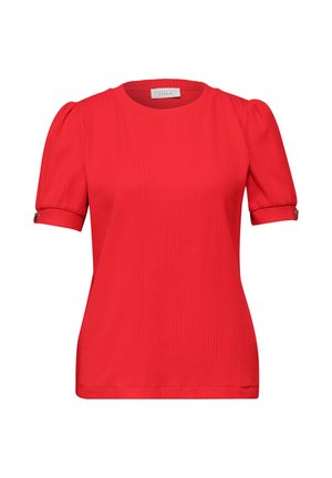 Blusa rossa a maniche corte con maniche a sbuffo, trama a coste, scollo rotondo e polsini con bottoni.
