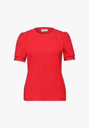 Blusa rossa a maniche corte con maniche a sbuffo, trama a coste, scollo rotondo e polsini con bottoni.