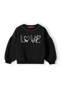 Černá mikina s balónovými rukávy, kulatým výstřihem a stříbrnými flitrovými nápisy "LOVE", doplněná o stříbrné cvočky kolem výstřihu.