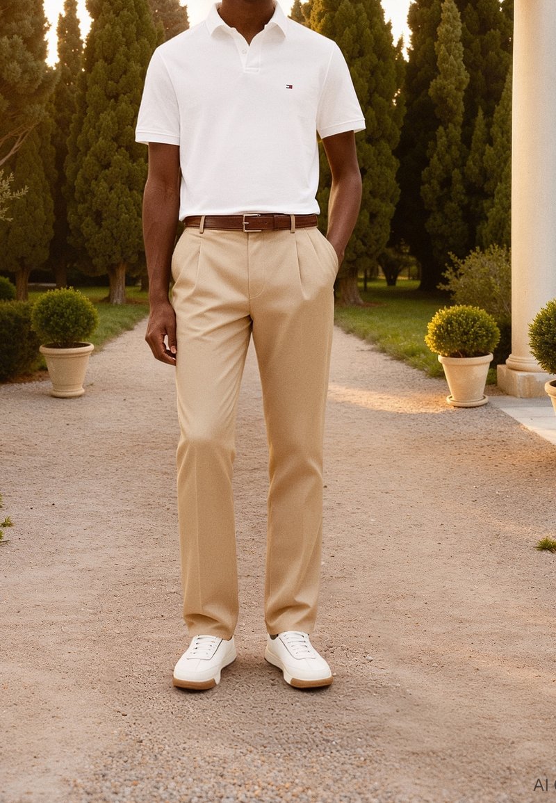 Homme debout sur un chemin de gravier entre des buissons en pot, portant un polo blanc, un pantalon beige, une ceinture marron et des baskets blanches.