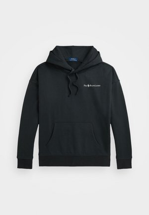 Czarna bluza z kapturem, kieszenią z przodu, ściągaczem przy kapturze i małym białym logo Polo Ralph Lauren na lewej piersi.