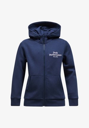 Haut à capuche zippé bleu marine en tissu doux, avec un logo sur le devant, des poches kangourou et des poignets et un ourlet côtelés.